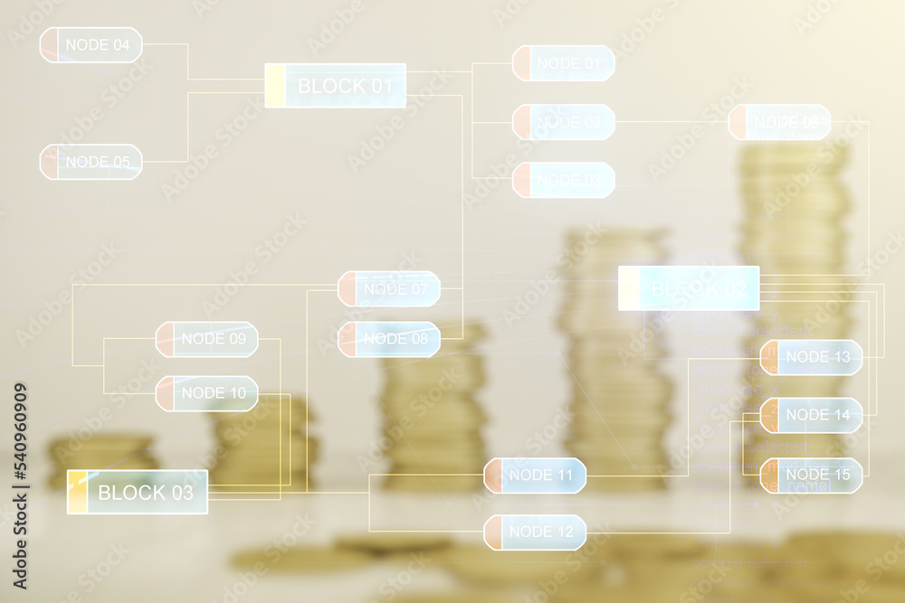 Poster multi exposure of abstract programming language hologram on growing coins stacks background, artific