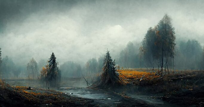 Horror cold autumn fog among the plains,  animation. Strange landscape, vivid color. 