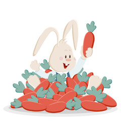 25 / 25 Cute bunny is happy to find the best carrot in huge heap.  Christmas, New Year and Easter coloured vector illustration. Collection of rabbits in cartoon style. Humour