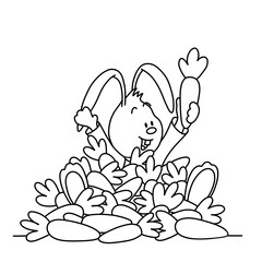25 / 25 Cute bunny is happy to find the best carrot in huge heap. Christmas, New Year and Easter contour vector illustration. Collection of rabbits in cartoon style. Humour