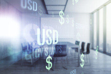 Virtual USD symbols illustration on a modern conference room background. Trading and currency concept. Multiexposure