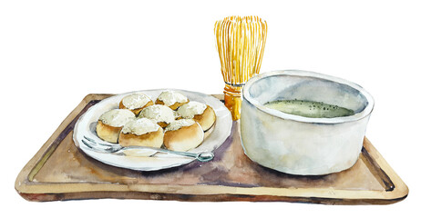 Matcha with steamed rice buns. Traditional Japanese dish. Watercolor hand drawn food sketch