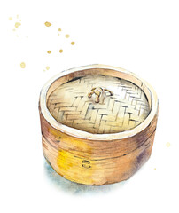 Bamboo steamer. Traditional oriental. Watercolor hand drawn sketch
