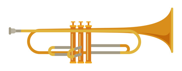 Golden trumpet vector design. Trumpet, flat style vector illustration, isolated on white background. Yellow trumpet clipart. © Andrey