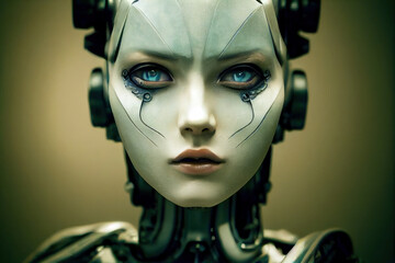 3d realistic portrait of Beautiful female cyborg. Conceptual of futuristic bionics and artificial intelligence. 3d illustration