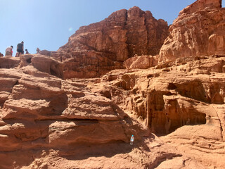 Fototapeta premium Wadi Rum, Jordan, November 2019 - A canyon with a mountain in the background