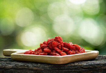 Goji berry or Lycium barbarum fruits on nature background.