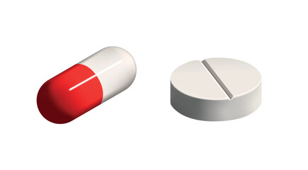 Vector 3d style capsule and pill on white background, realistic medicine symbol