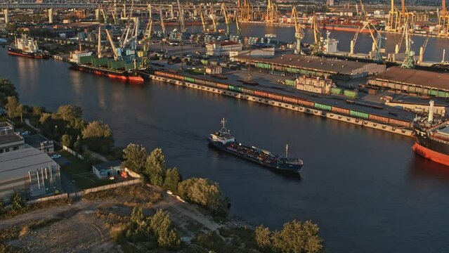 Aerial view of sea port in Saint Petersburg Russia. Cargo ship enters the port