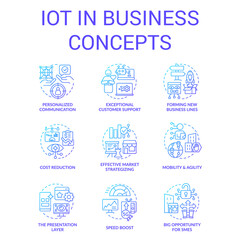IoT in business blue gradient concept icons set. Digitalization opportunities. Transformation advantages idea thin line color illustrations. Isolated symbols. Roboto-Medium, Myriad Pro-Bold fonts used