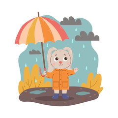Obraz na płótnie Canvas Cartoon rabbit stands under an umbrella during the rain in flat style.