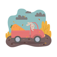 Cartoon rabbit carries carrot in a truck in flat style.