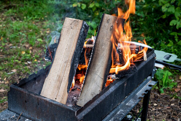 Firewood burning on Grill Open fire Close up Outdoor Barbecue Horizontal