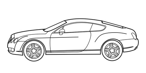 Outline drawing of a coupe sport car from side view. Vector doodle illustration