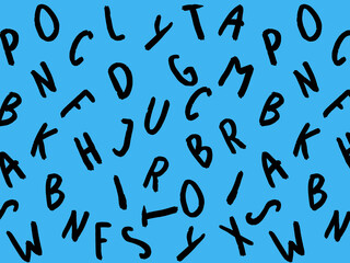 template with the image of keyboard symbols. set of letters. Surface template. blue background. Horizontal image.