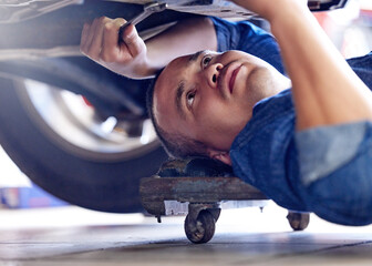 Mechanic, wrench or fixing car in mechanical engineering workshop, vehicle manufacturing industry...
