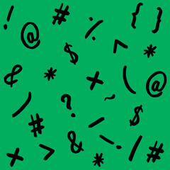 pattern with the image of keyboard symbols. Punctuation marks. Template for applying to the surface. green background. Horizontal image.