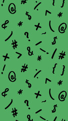 pattern with the image of keyboard symbols. Punctuation marks. Template for applying to the surface. green background. Vertical image.