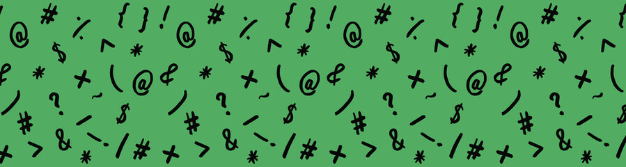 pattern with the image of keyboard symbols. Punctuation marks. Template for applying to the surface. green background. Horizontal image. Banner for insertion into site.
