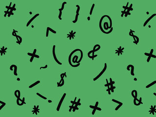 pattern with the image of keyboard symbols. Punctuation marks. Template for applying to the surface. green background. Horizontal image.