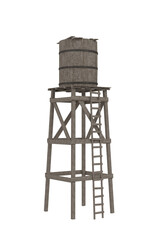 A vintage wooden water tower from the old wild west. 3D illustration isolated on transparent background.