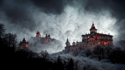 Haunted House, spooky Castle, Foggy Night, Dramatic Lighting 