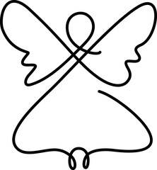 Simple vector Christmas angel with wings, continuous line drawing, small tattoo, print for clothes and logo design, emblem or silhouette one single line, isolated abstract illustration