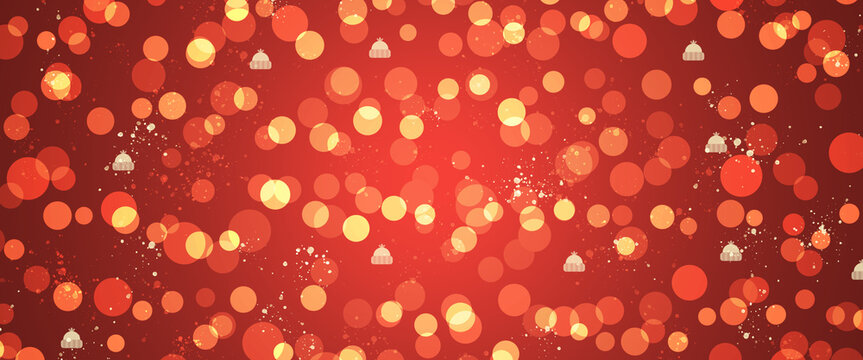 Christmas red abstract shiny header or banner background with bokeh effect, snowflakes and snowcap