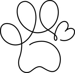 Heart with cat or dog paw in continuous one line drawing logo. Minimal line art. Animal foorprint in heart. Pet love concept