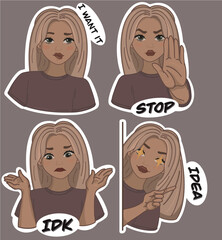 Cute beautiful girl in the style of stickers in different poses second pack