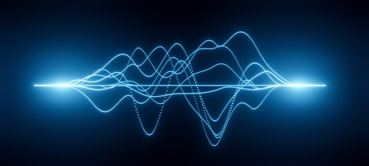 Bright glowing blue neon abstract wireframe sound waves, visualization of frequency signals audio wavelengths, futuristic technology waveform background with copy space for text