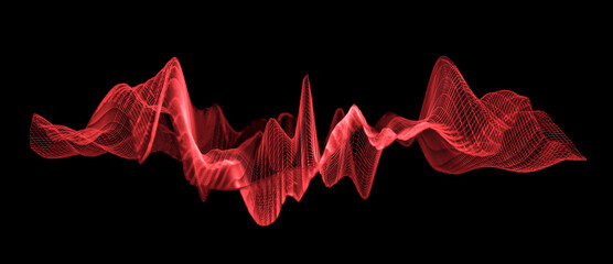 Illustration of red abstract wireframe sound waves, visualization of frequency signals audio wavelengths, conceptual futuristic technology waveform background with copy space for text