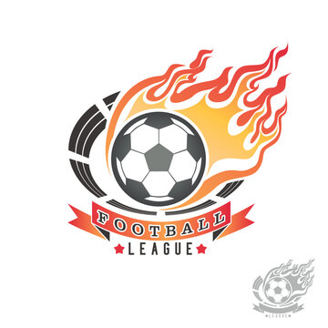 Football emblem with ball on fire, flame and sports arena, isolated color picture. Vector illustration