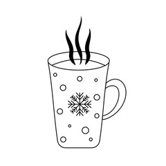 Mug with hot drink on white background