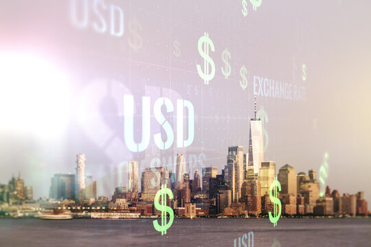 Virtual USD symbols illustration on New York city skyline background. Trading and currency concept. Multiexposure