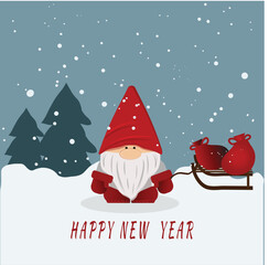 New Year's card with a dwarf in a snowy forest in vector graphics.