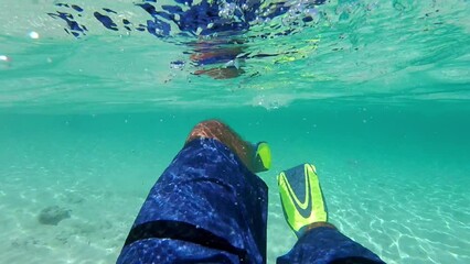 First-person view, a man swims in fins. Swimming male legs under the water. Crystal clear water near a tropical island. Andaman Sea, Phuket, Thailand