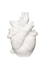 Subject shot of a stylish white ceramic vase in the shape of a heart. The designer heart-shaped glazed vase is isolated on the white background.