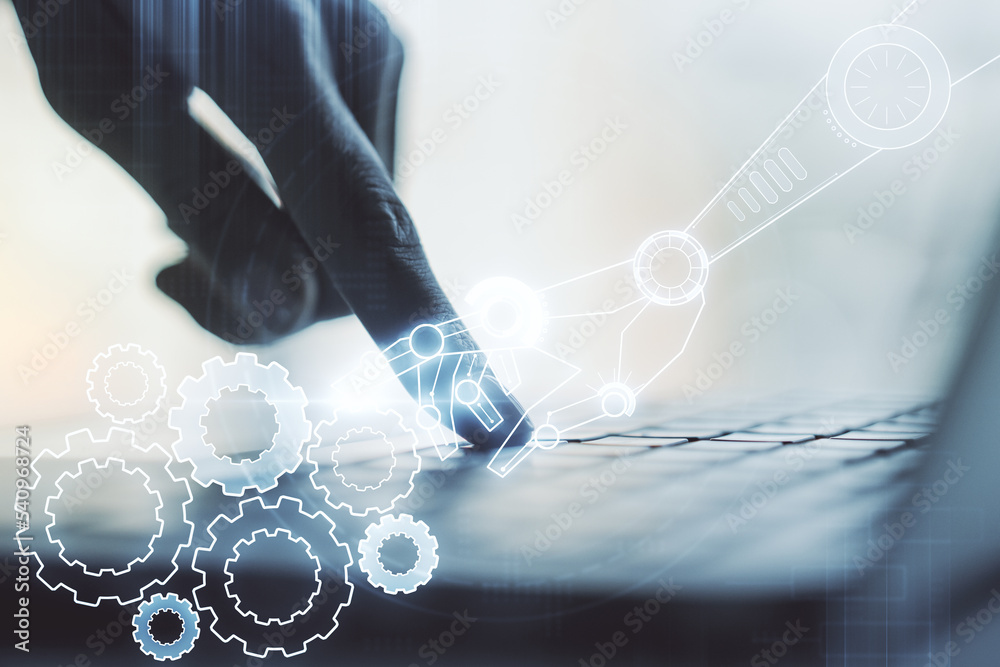 Aufkleber double exposure of robotics technology hologram and hands typing on laptop on background. research a