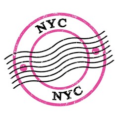 Naklejka premium NYC, text written on pink-black postal stamp.