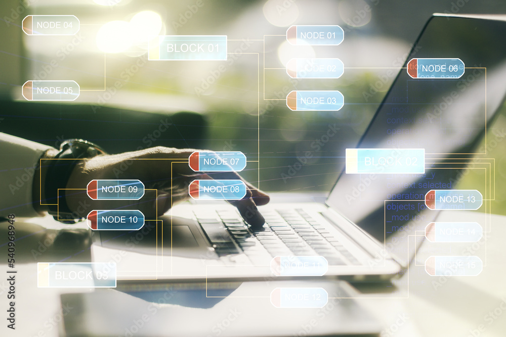 Poster double exposure of abstract creative programming illustration and hands typing on laptop on backgrou