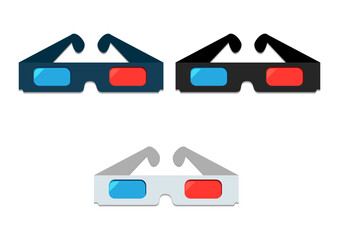 Illustration of three different color 3D glasses on a white background