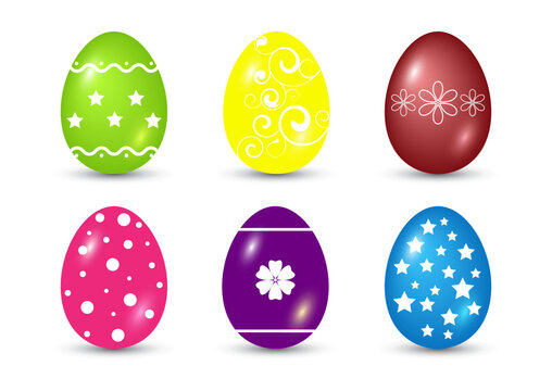 Illustration of six different color easter eggs on a white background. Set of six colorful eggs with pattern