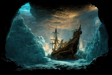 AI generated Image of an ancient Spanish galleon laden with treasures hidden in an icy cave - obrazy, fototapety, plakaty