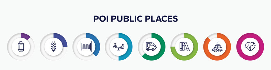 infographic element with poi public places outline icons. included hand luggage, semaphore traffic lights, zebra crossing, children on teeter totter, autorickshaw, three books, hackney carriage,