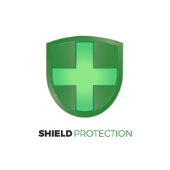 Green Shield protection emblem, medical protect, medication symbol logo illustration.