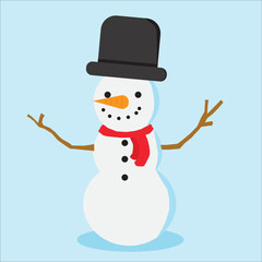 Vector illustration, Snowman with hat and scarf isolated on  blue background.