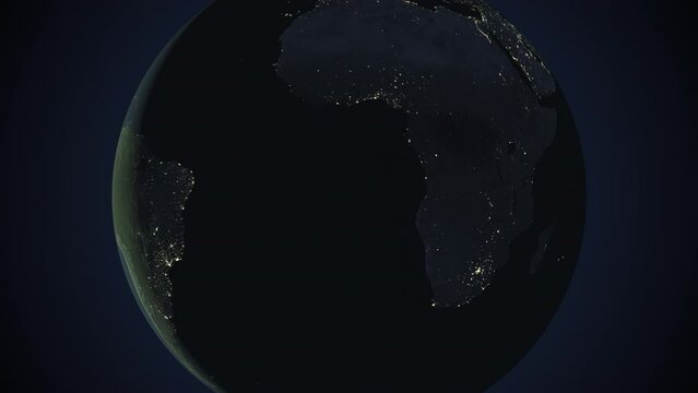 Seamless looping animation of the earth at night zooming in to the 3d map of Namibia with the capital and the biggest cites in 4K resolution