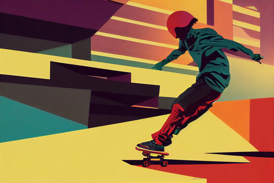 Digital Colourful Graphic Illustration Featuring A Skateboarder In Motion. Action Filled Drawing Of Young Man At A Skatepark On A Skateboard. Active Lifestyle Concept Art In A Commercial Advert Style