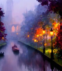 Fototapeta na wymiar A foggy and misty European town with canals. Lush vegetation, flowers blooming